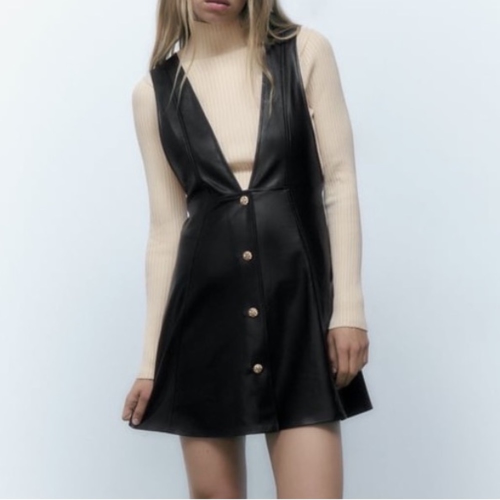 ZARA FAUX LEATHER PINAFORE DRESS BLACK M NWT